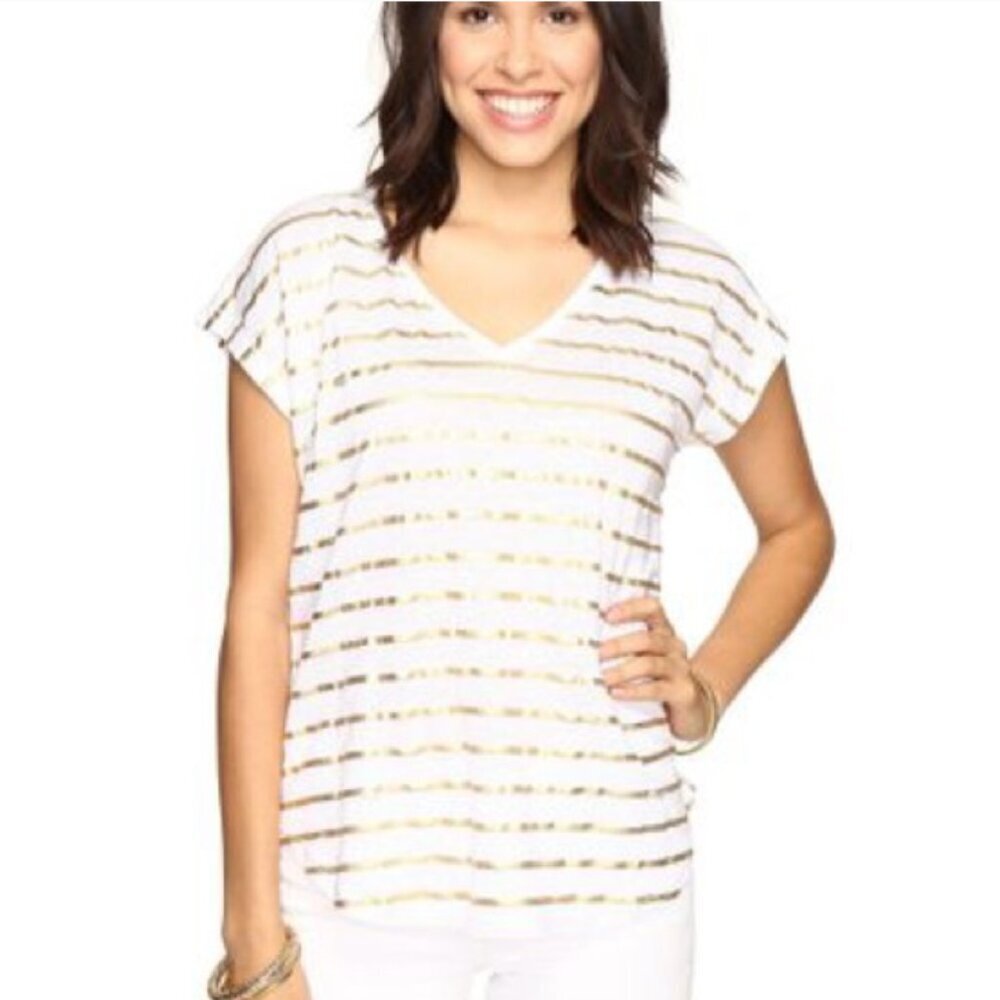 Lilly Pulitzer Rollins Linen Top Gold Serene Stripe Top Size Medium
